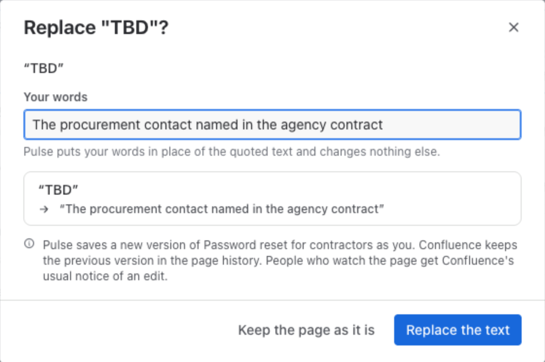 Replace “TBD”?: the quoted text TBD, the field Your words filled with The procurement contact named in the agency contract, the preview TBD → The procurement contact named in the agency contract, the note that Pulse saves a new version of Password reset for contractors as you, and the buttons Keep the page as it is and Replace the text
