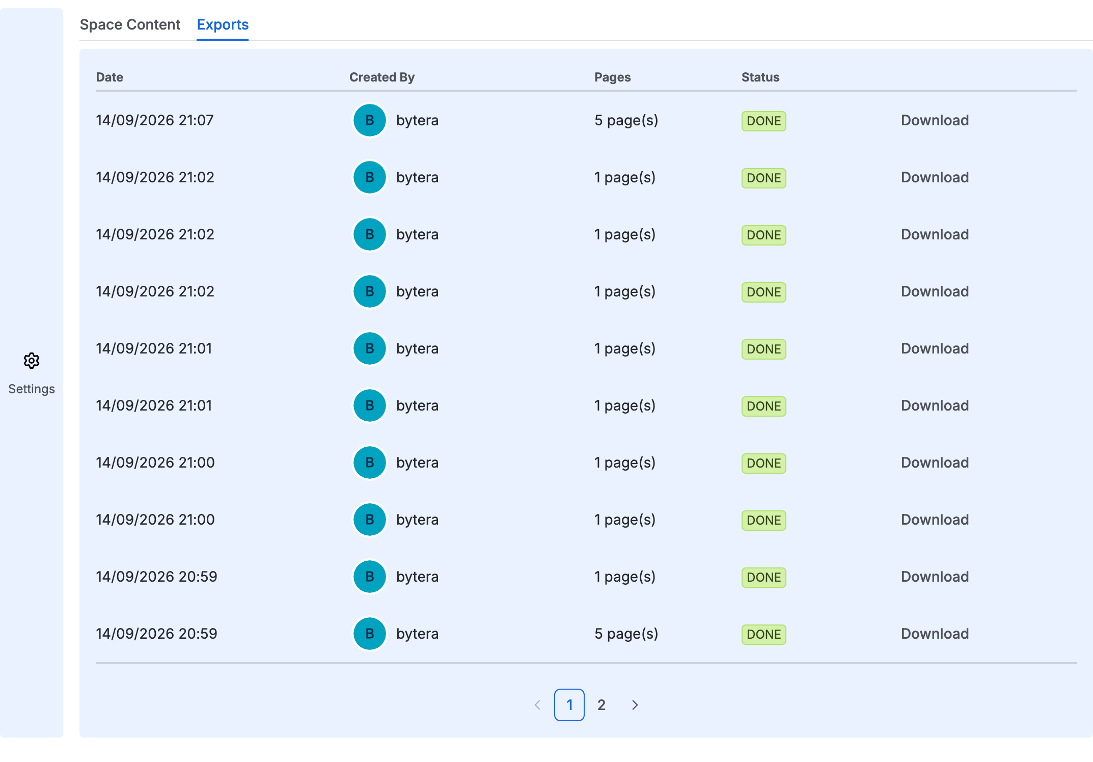 The Exports tab with ten recent exports, each showing when it ran, who ran it, its page count, a green DONE status and a Download button