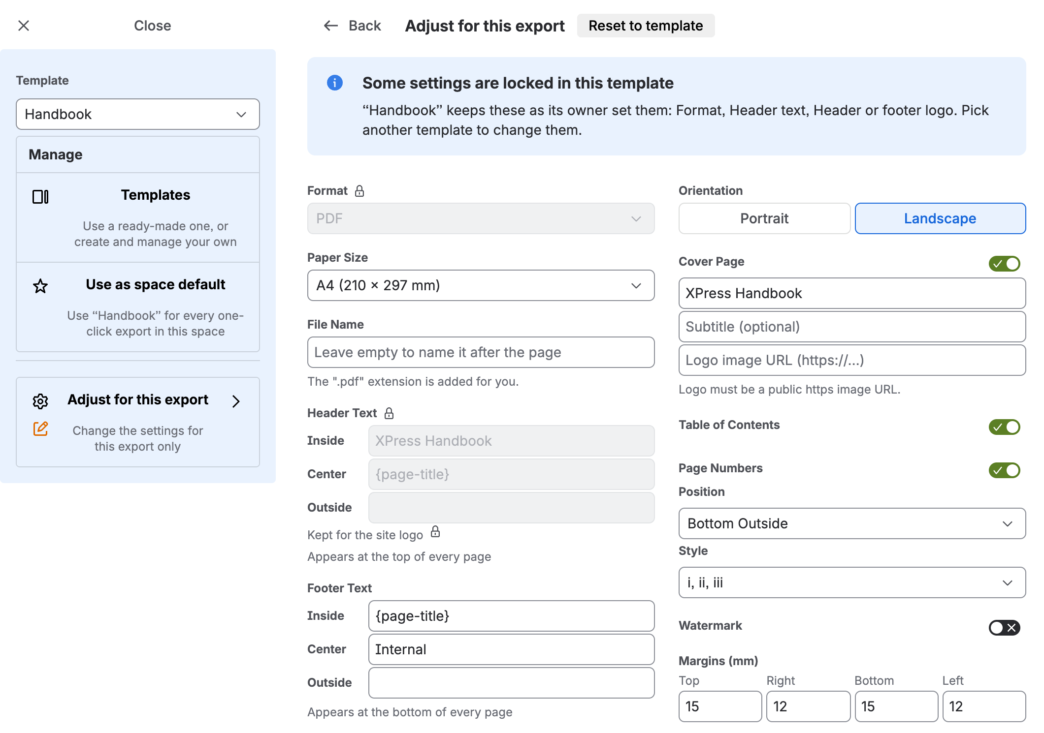 Adjust for this export with Landscape chosen: the Handbook template on the left, and on the right the format and the header locked with a padlock beside each and the header’s Outside place kept for the site logo, while paper size, file name, orientation, cover, contents, the footer’s Inside, Center and Outside, page numbers with their position and style, and margins stay open, with Reset to template beside the heading